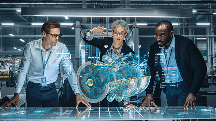 Engineers looking at a digital 3d object